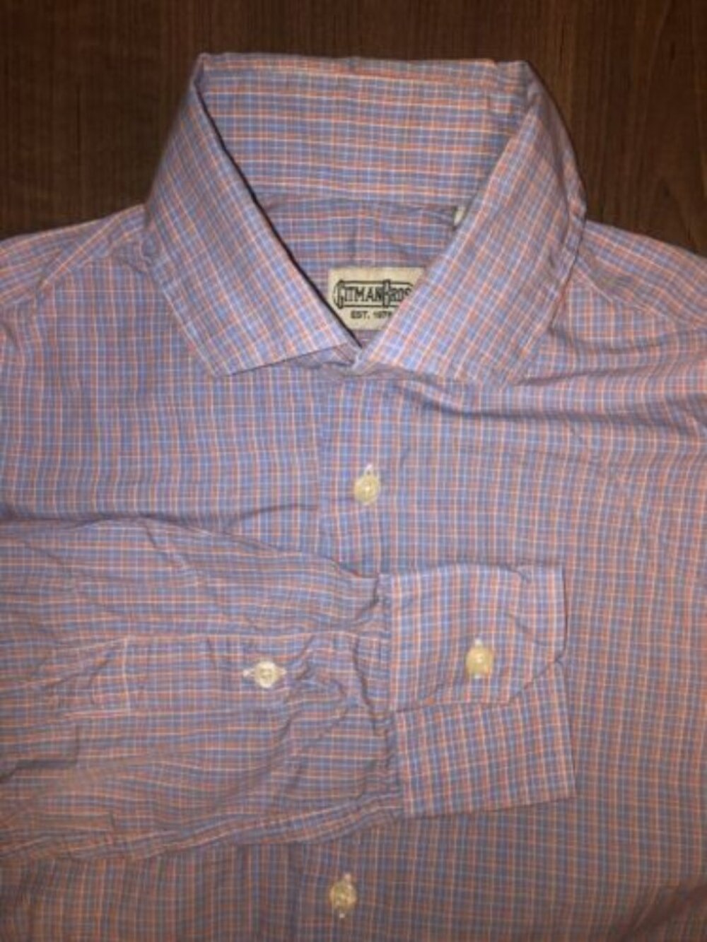 Gitman Bros. Vintage Medium Button Up Shirt Blue Orange Plaid Striped Casual